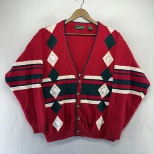 Vintage Golf Sweater Men's XL Red Geometric Cardigan Diamond Striped Grandpa 90s